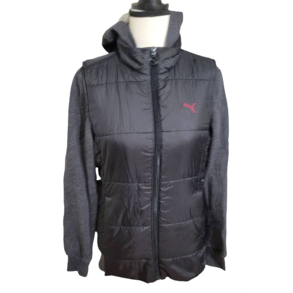 PUMA JACKET BLACK + GRAY SPECKLED/FULL ZIP PUFFER POCKETS SZ S WOMENS